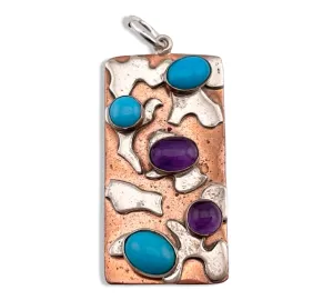 sterling silver & copper amethyst & turquoise rectangle pendant