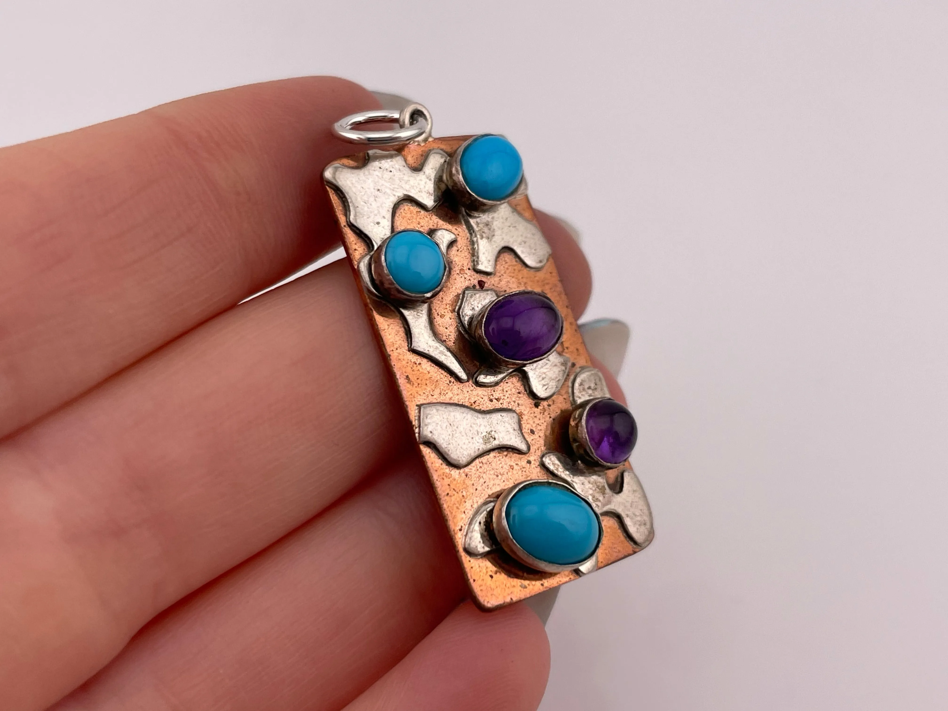 sterling silver & copper amethyst & turquoise rectangle pendant