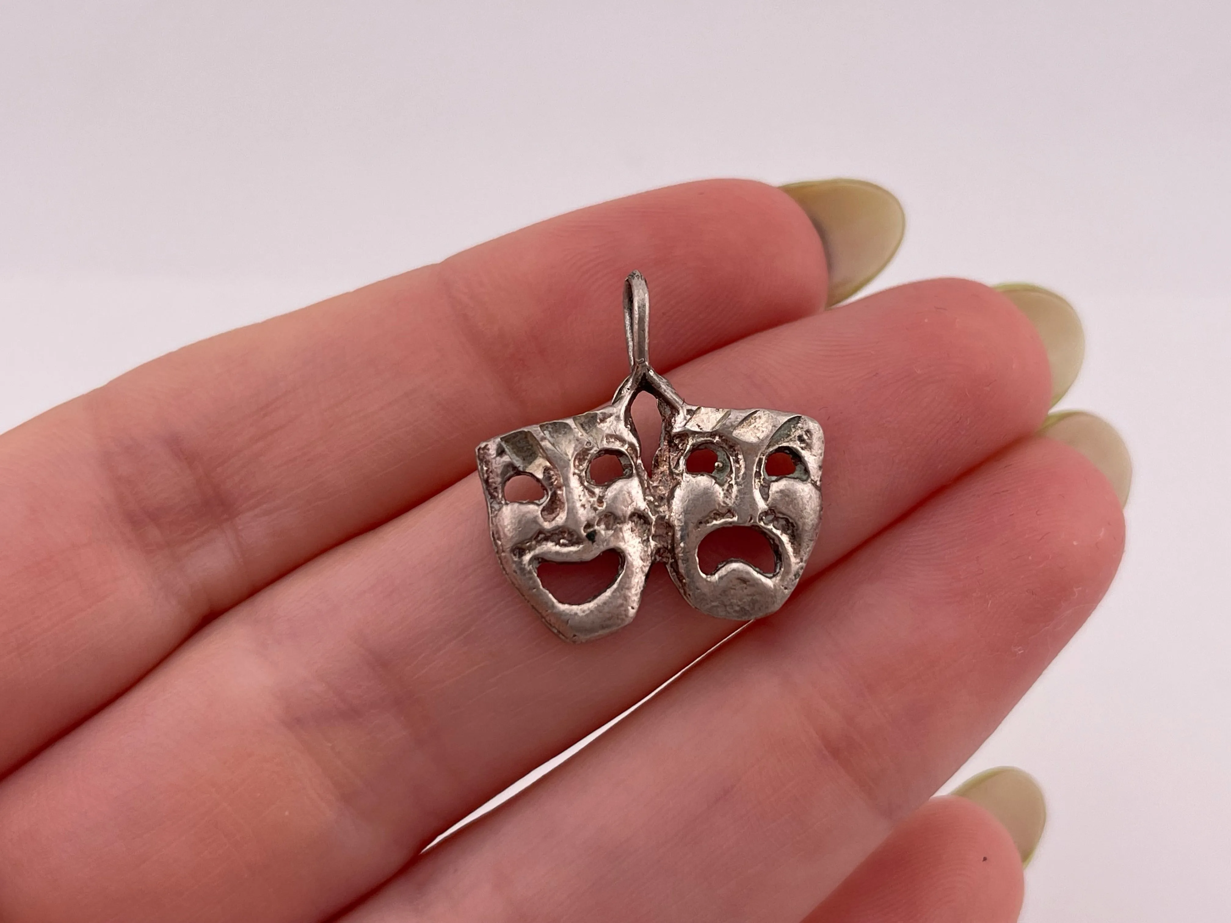 sterling silver etched comedy drama masks pendant