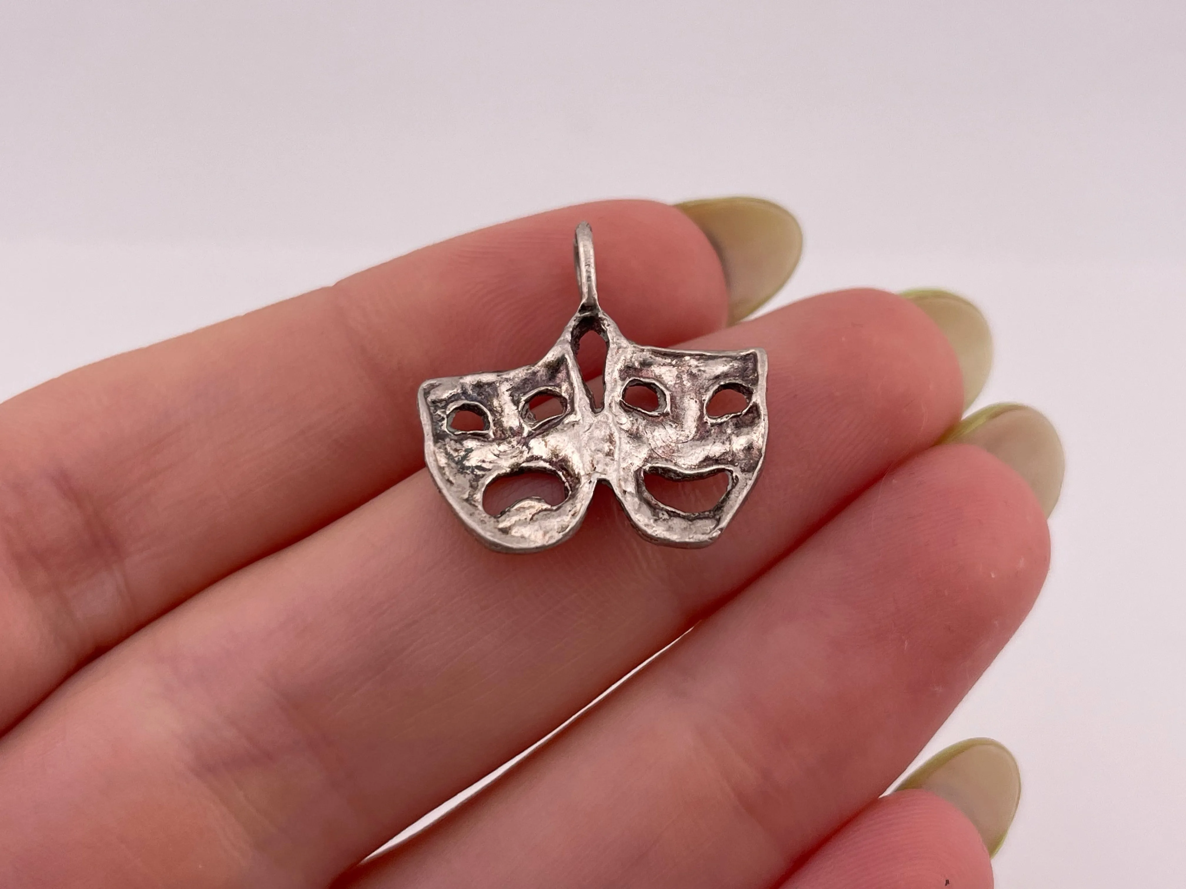 sterling silver etched comedy drama masks pendant
