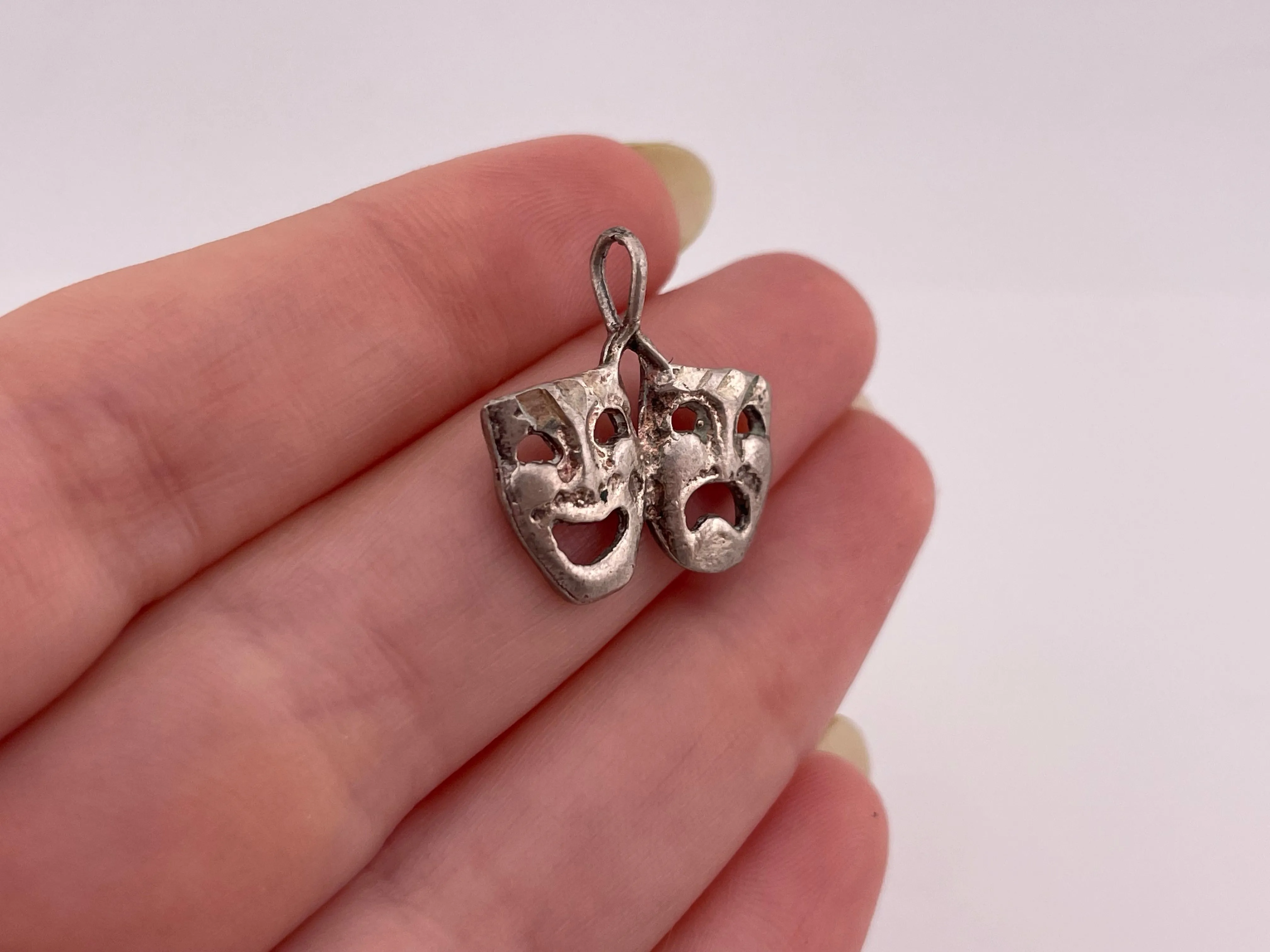 sterling silver etched comedy drama masks pendant
