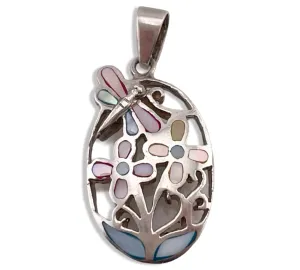 sterling silver flower dragonfly dyed synthetic mother of pearl pendant