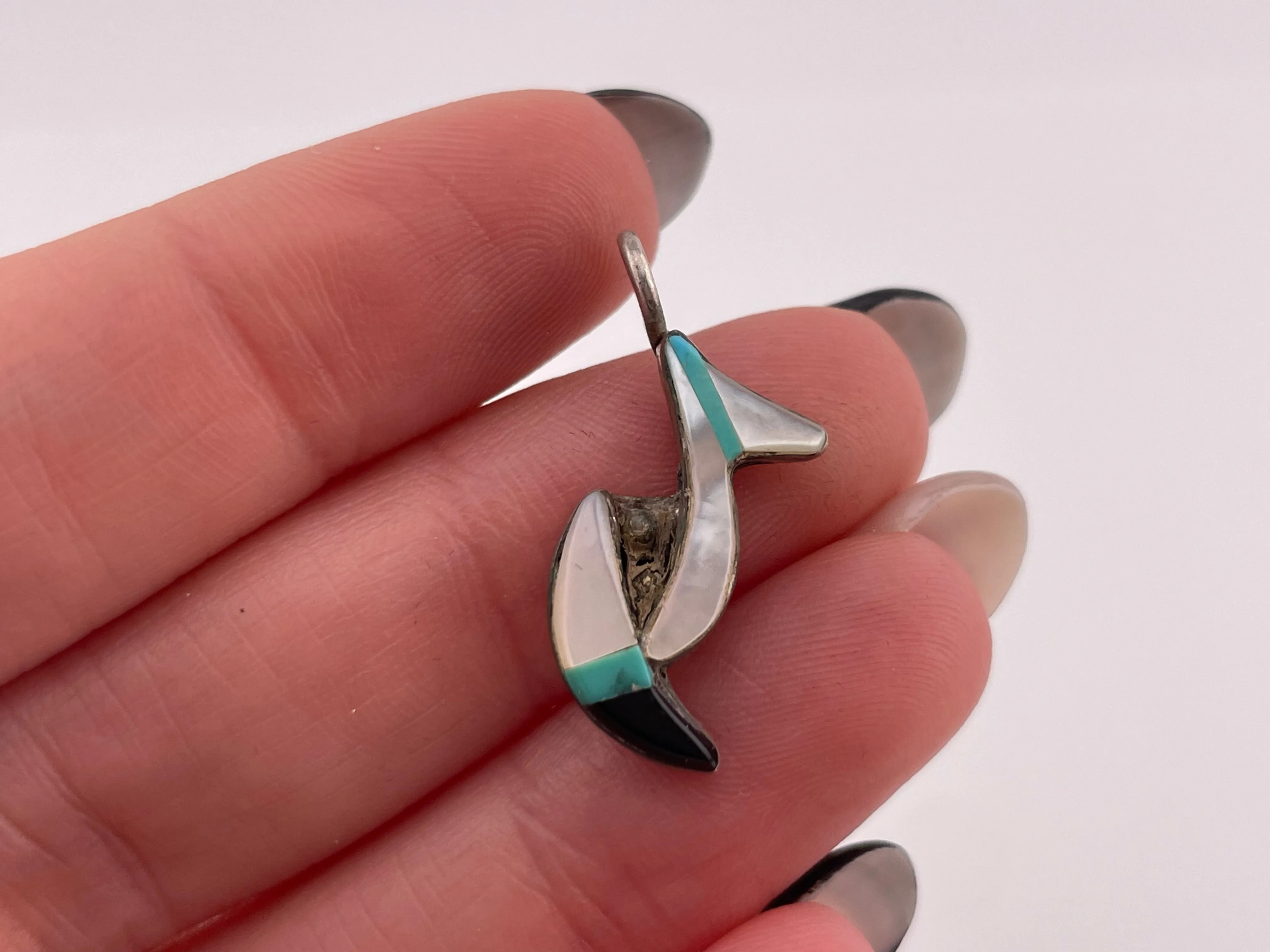 sterling silver mother of pearl, turquoise, & onyx inlay pendant