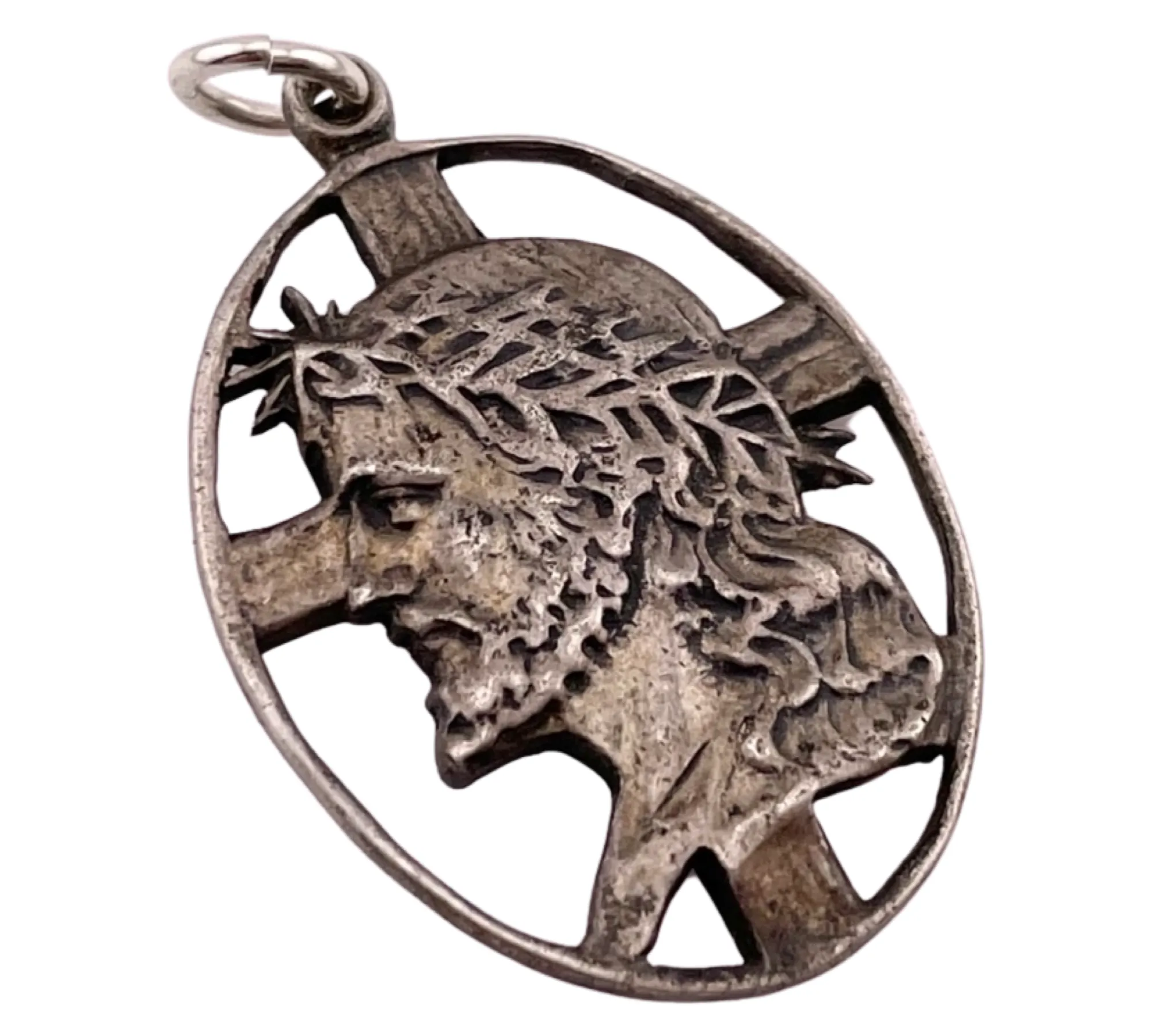 sterling silver oval cross Jesus crown of thorns religious pendant