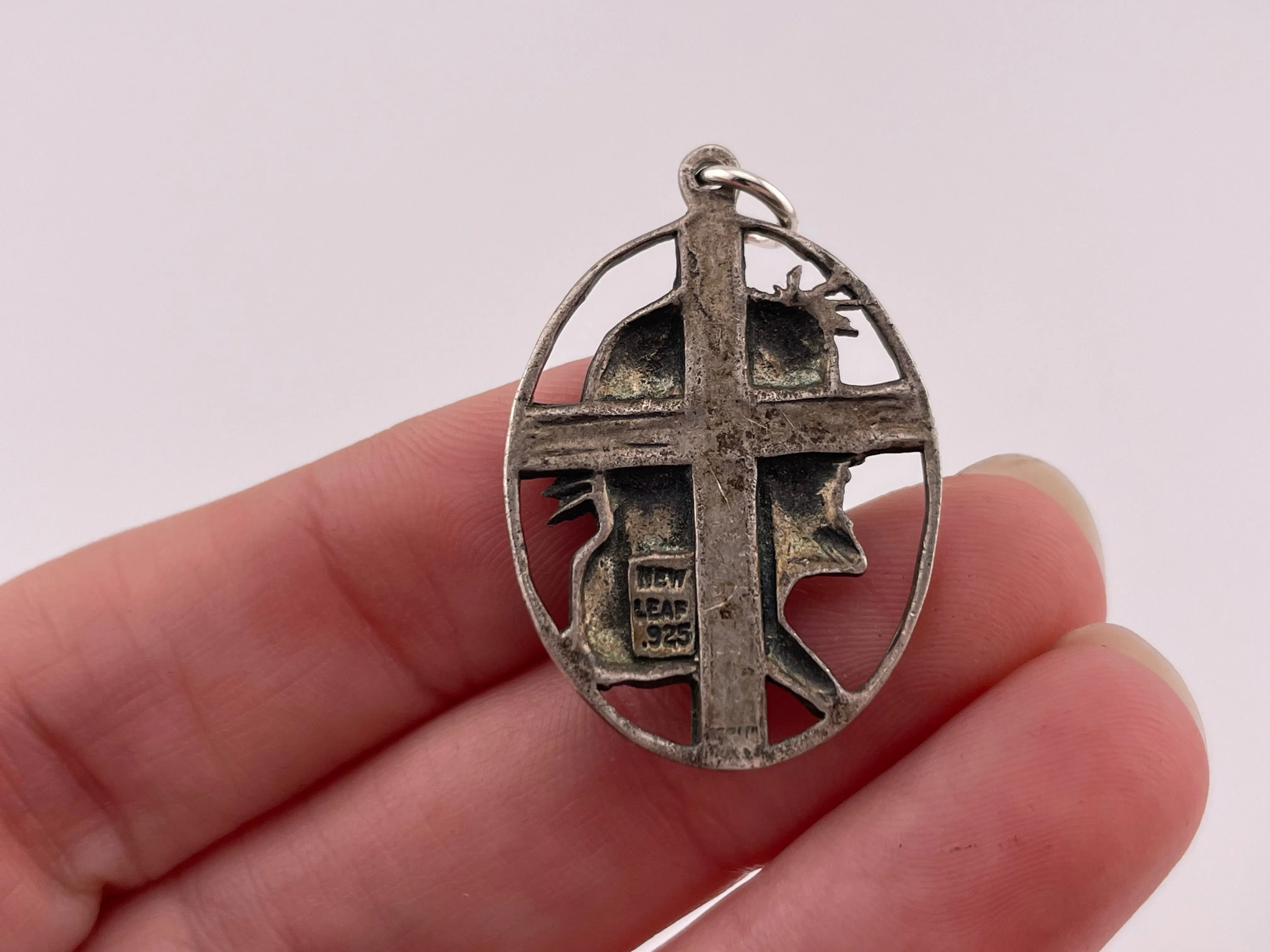 sterling silver oval cross Jesus crown of thorns religious pendant