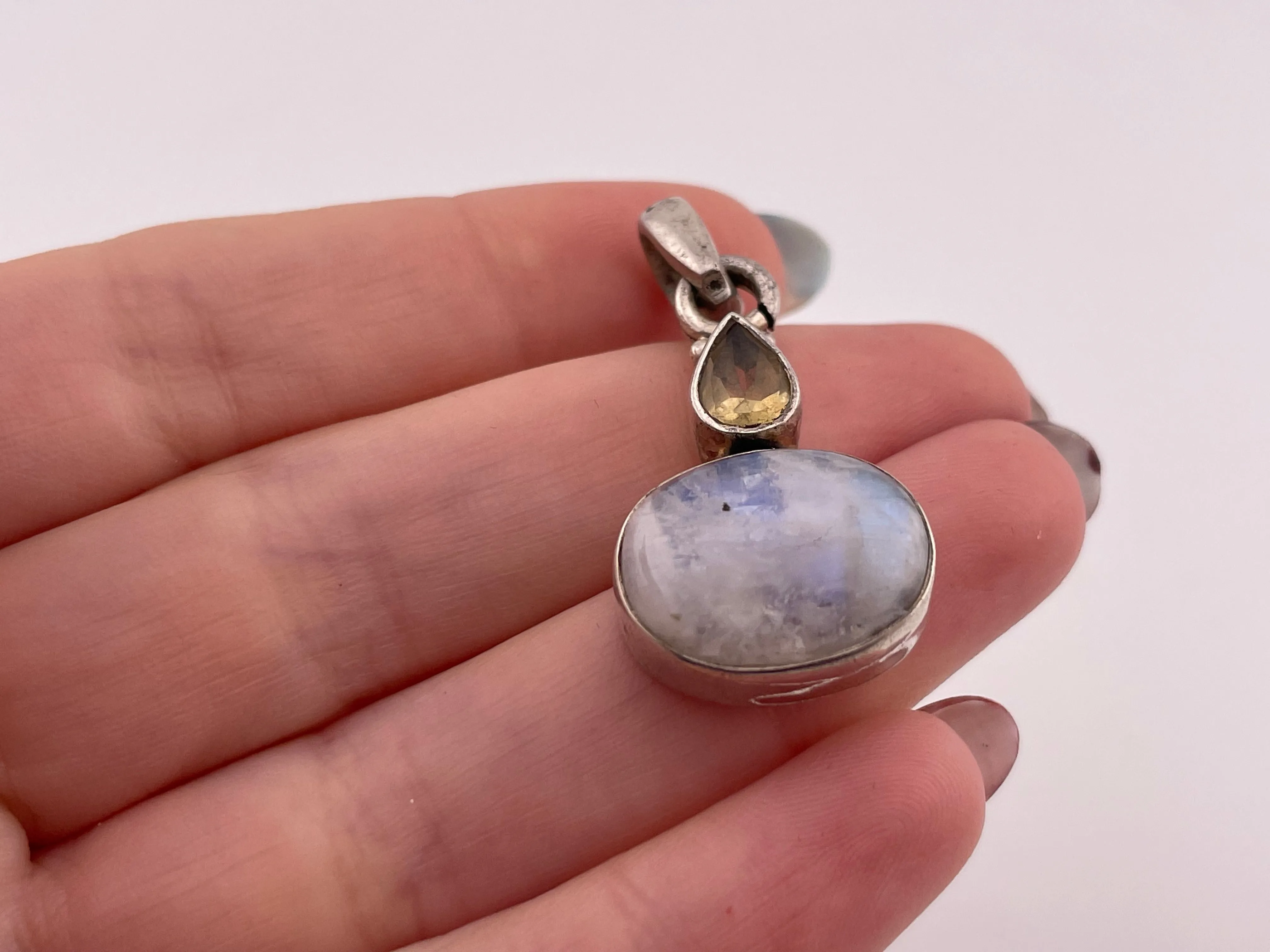 sterling silver oval rainbow moonstone faceted citrine pendant