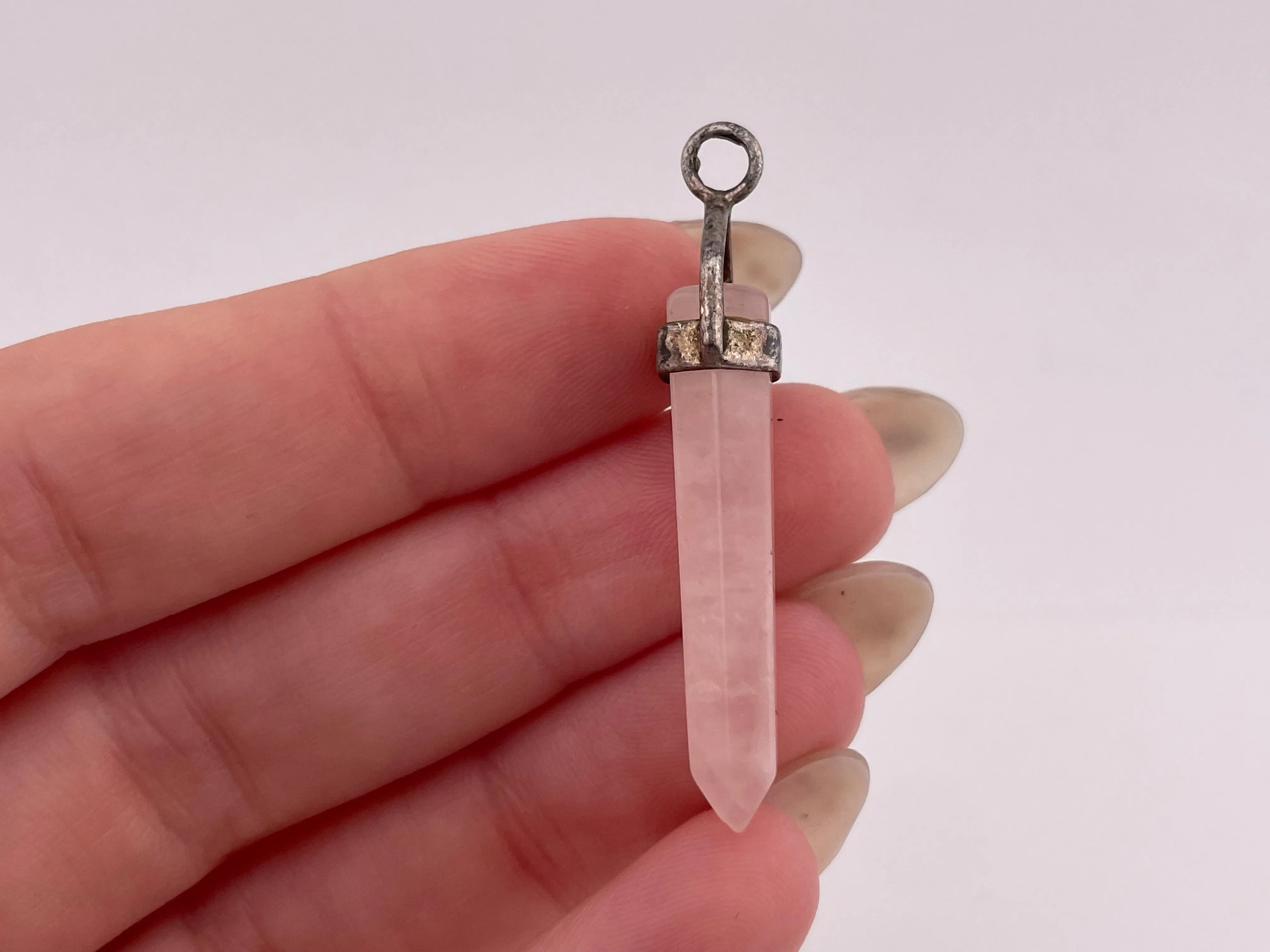 sterling silver rose quartz crystal point pendant
