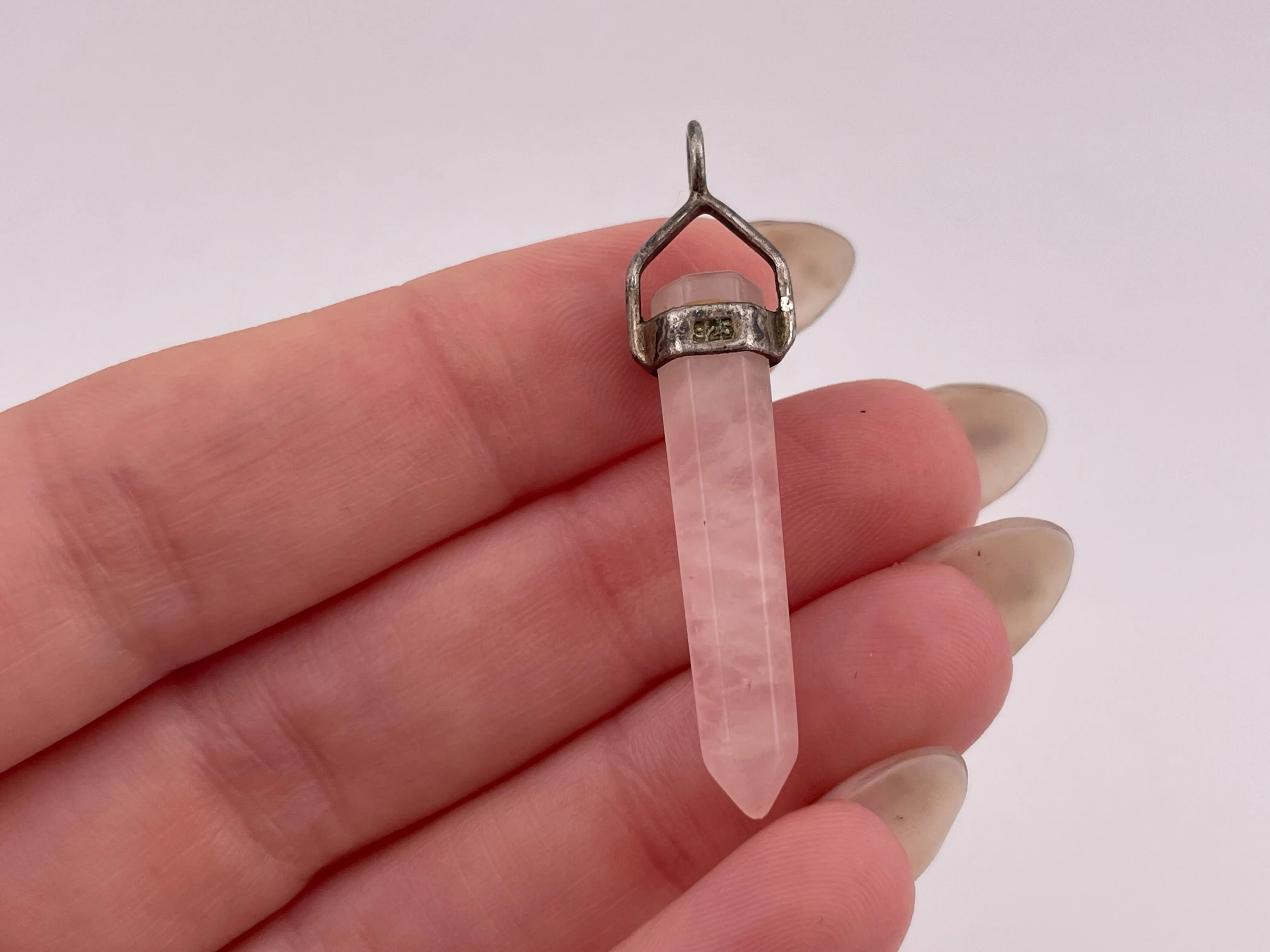 sterling silver rose quartz crystal point pendant