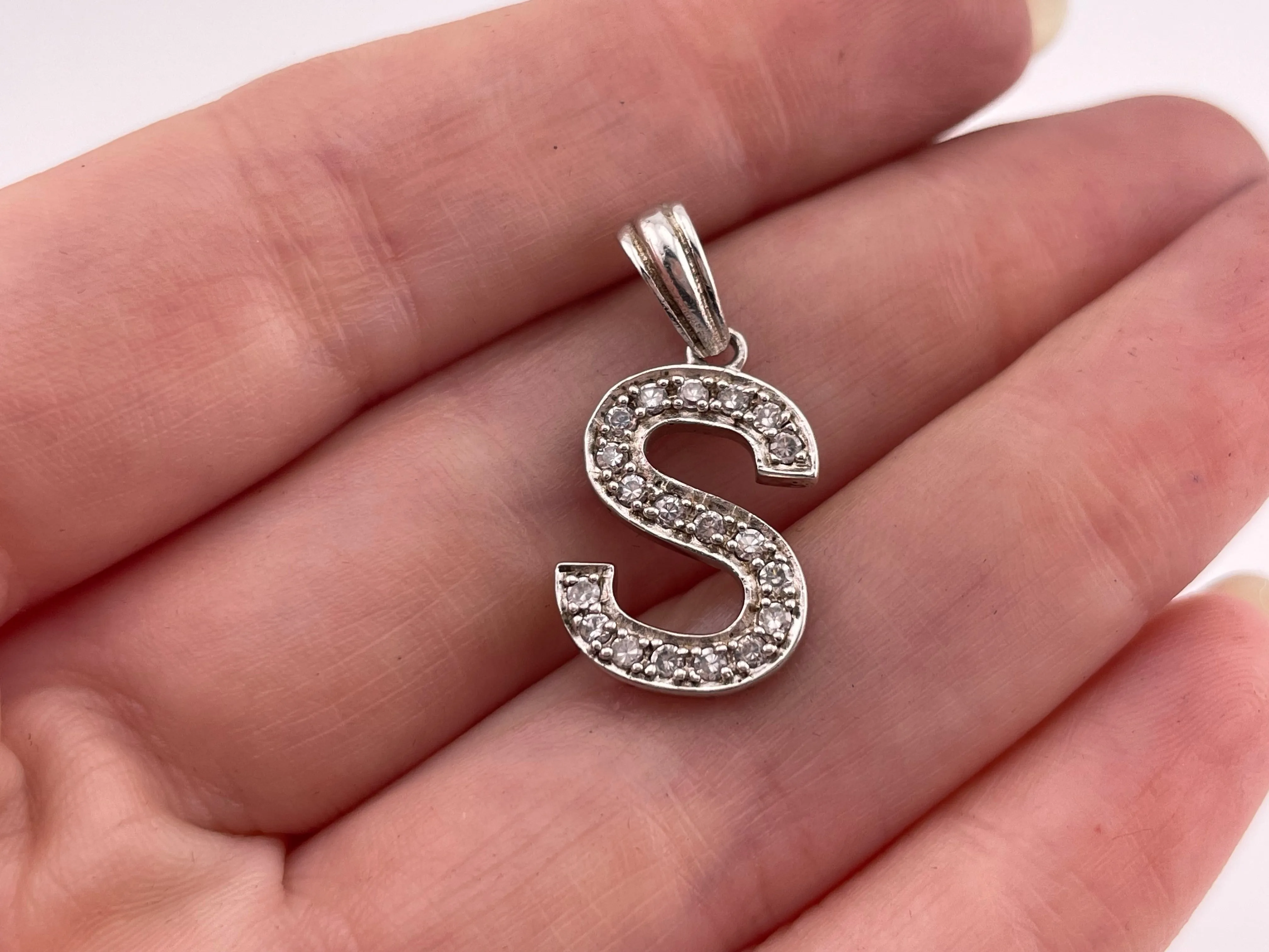 sterling silver 'S' letter initial rhinestone pendant