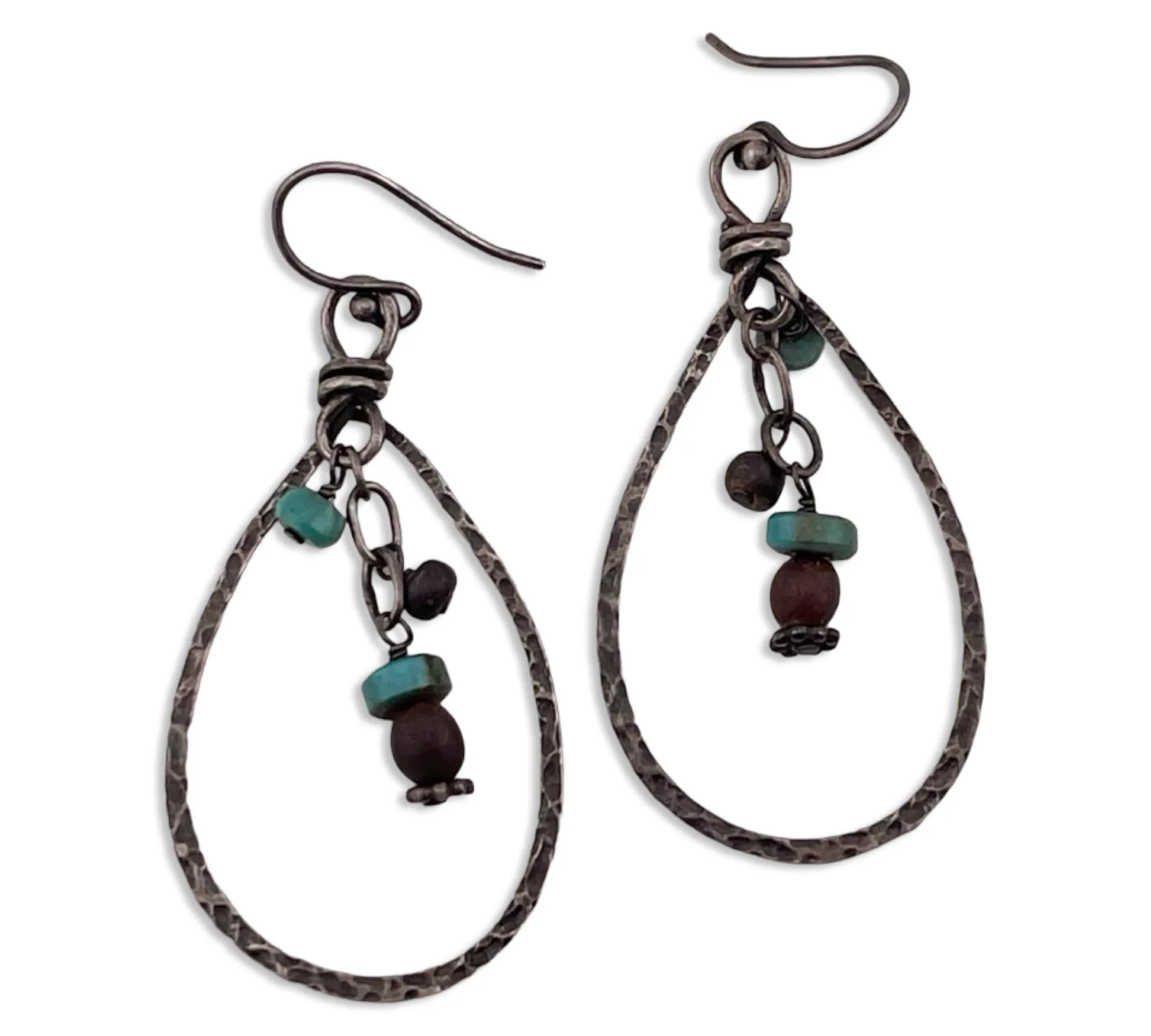 sterling silver stabilized turquoise & wood bead textured hook dangle earrings