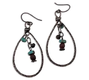 sterling silver stabilized turquoise & wood bead textured hook dangle earrings