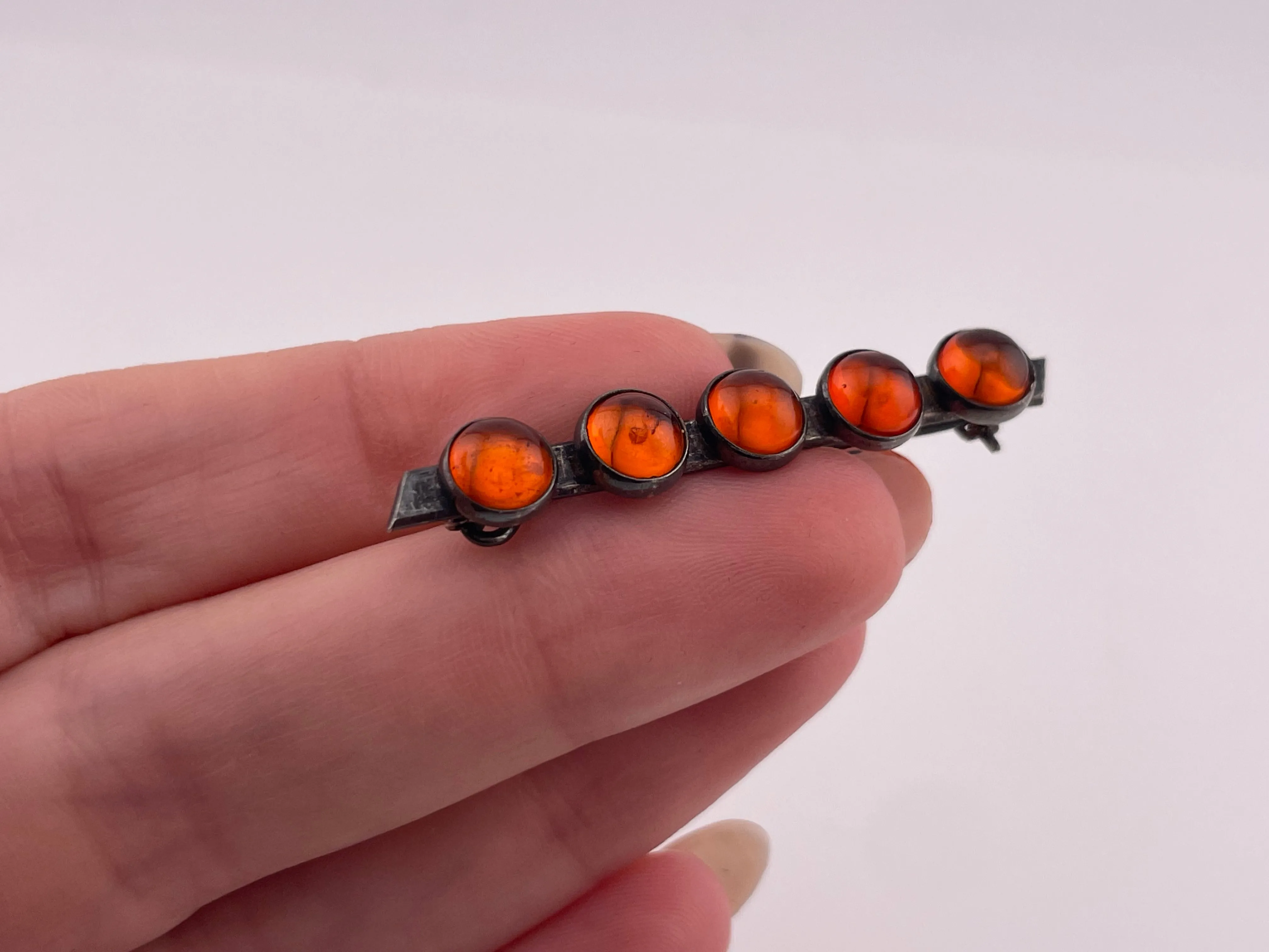 sterling silver synthetic amber row brooch pin