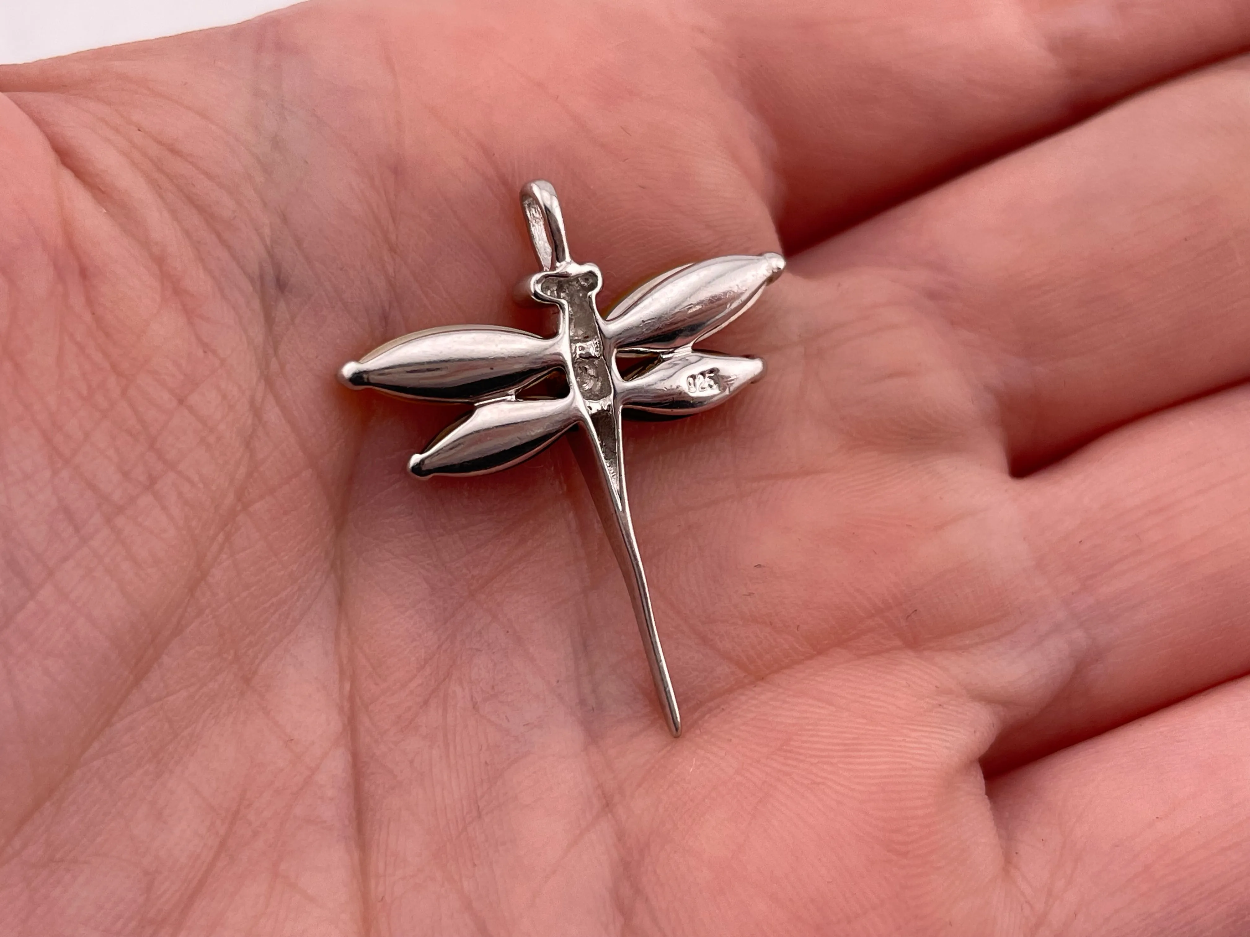 sterling silver synthetic mother of pearl tigers eye dragonfly pendant