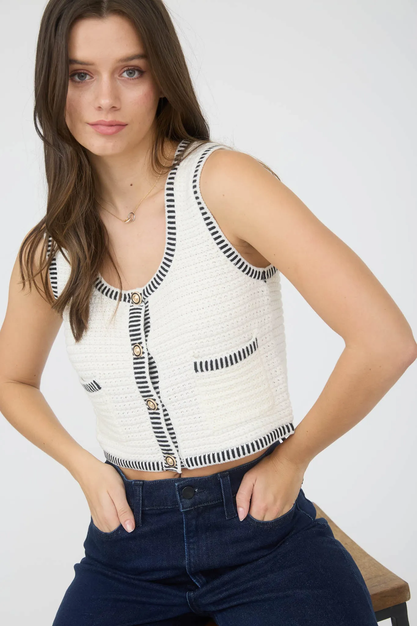 STRIPE TRIM GOLD BUTTON CROPPED SWEATER VEST