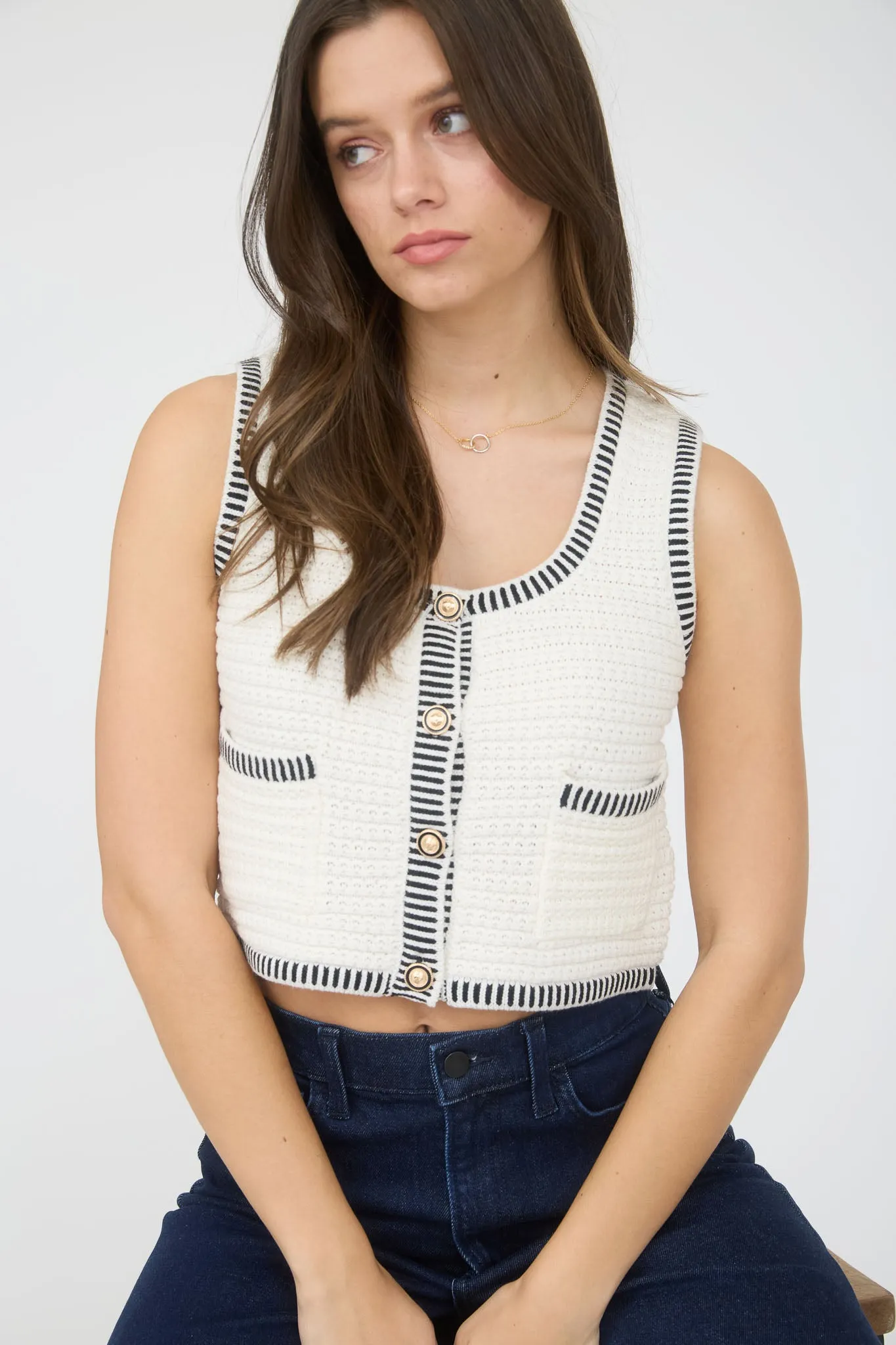 STRIPE TRIM GOLD BUTTON CROPPED SWEATER VEST