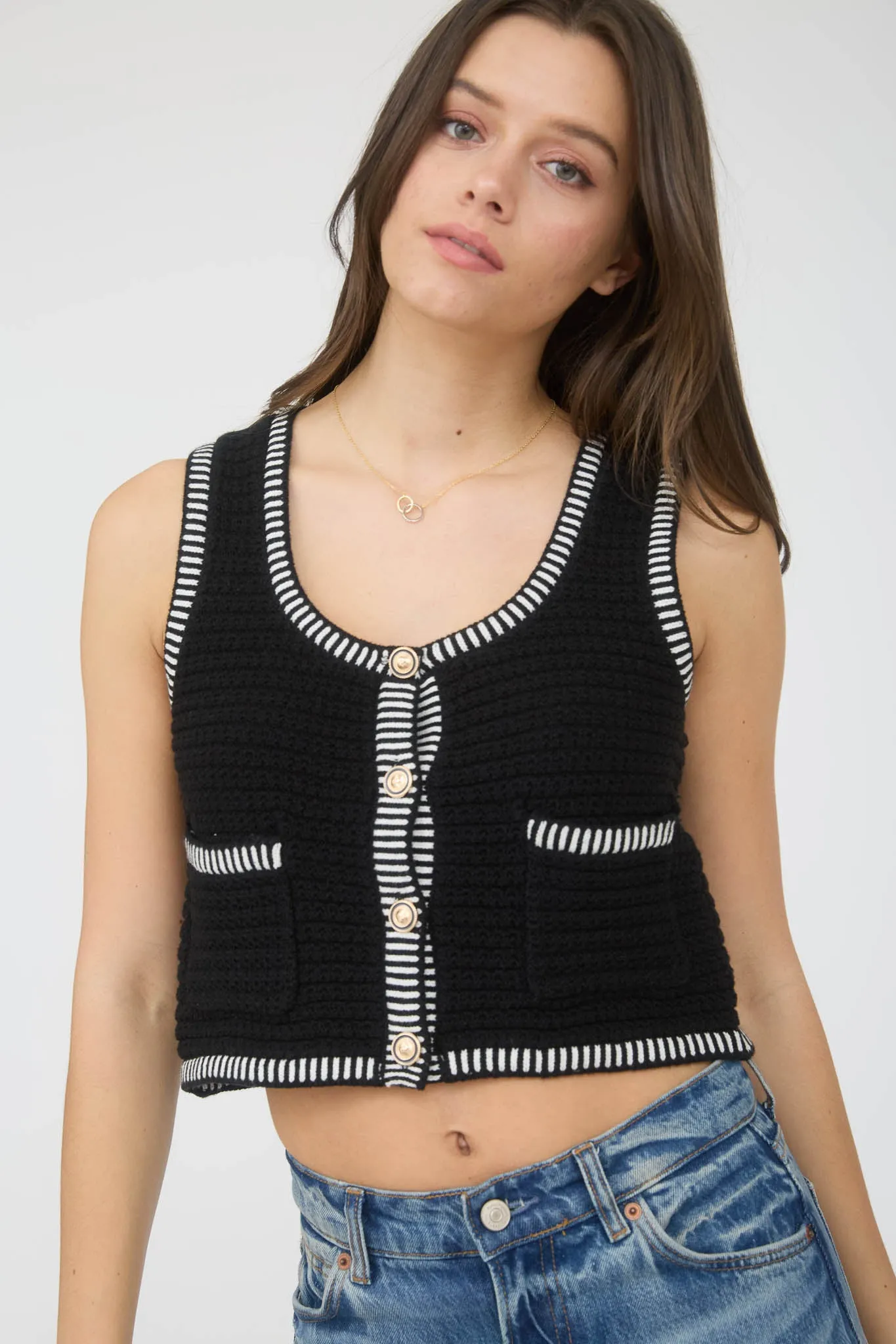 STRIPE TRIM GOLD BUTTON CROPPED SWEATER VEST