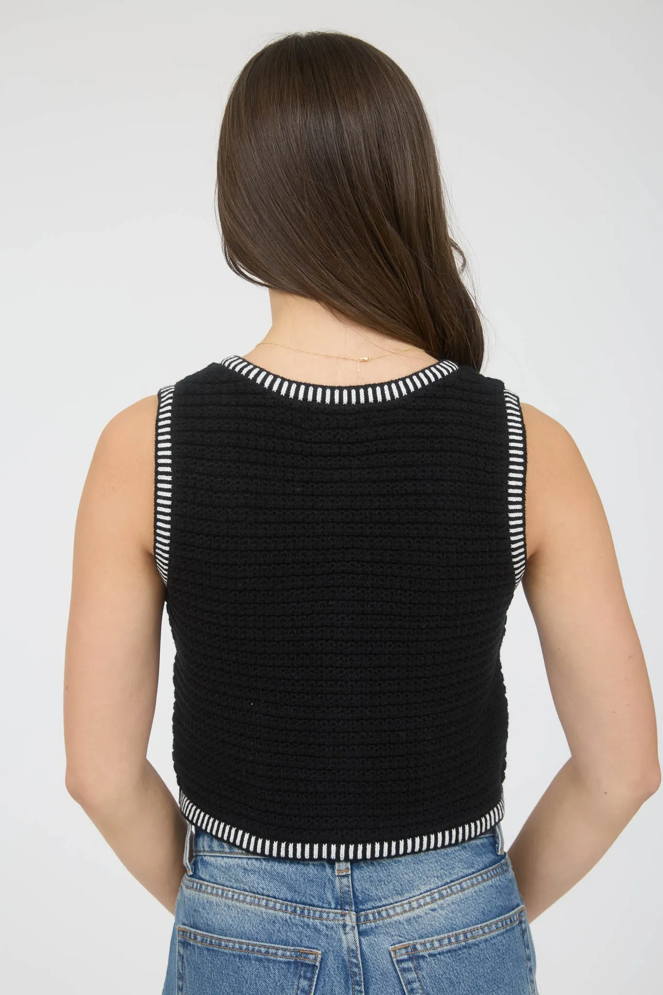 STRIPE TRIM GOLD BUTTON CROPPED SWEATER VEST