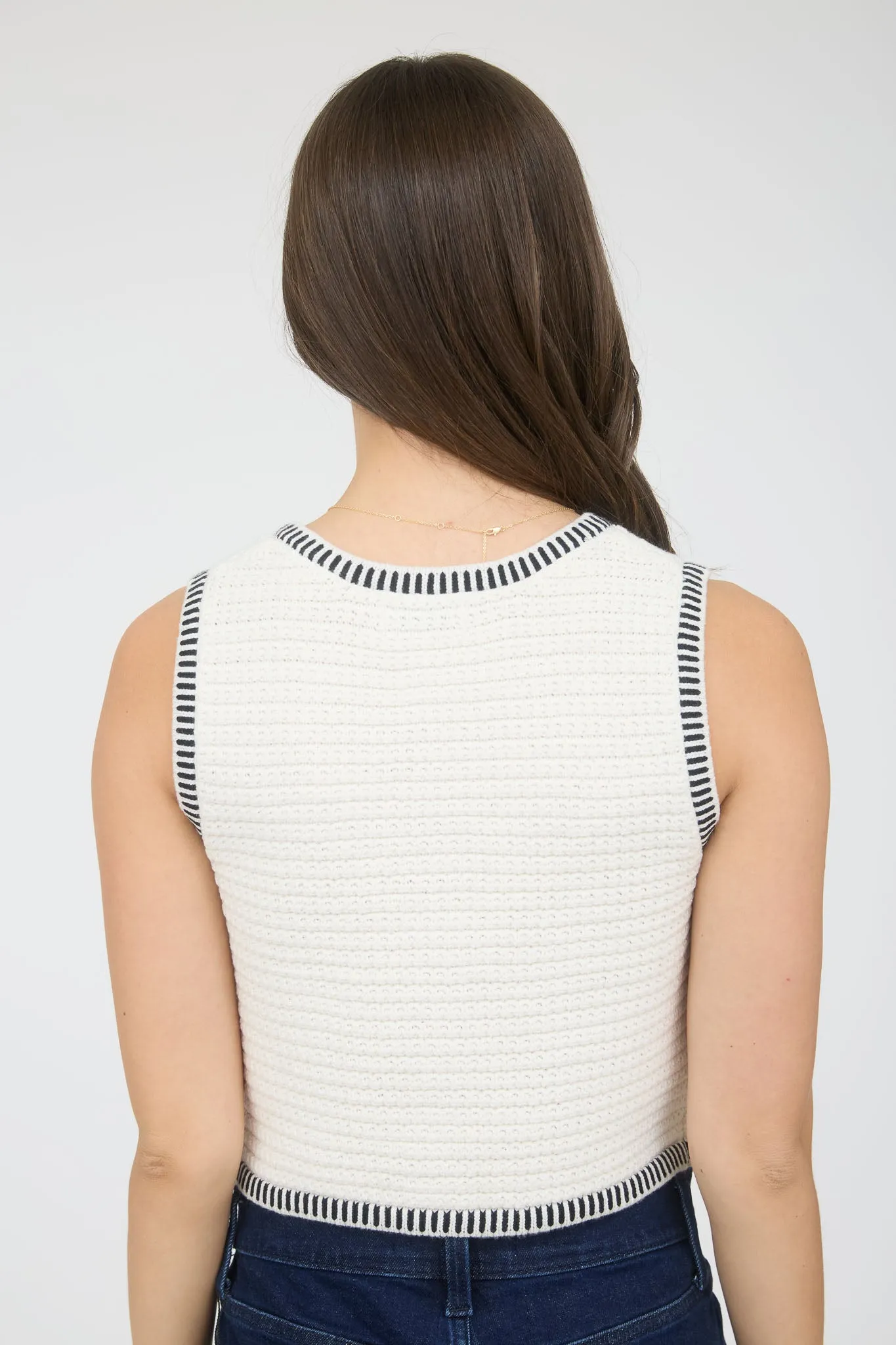 STRIPE TRIM GOLD BUTTON CROPPED SWEATER VEST