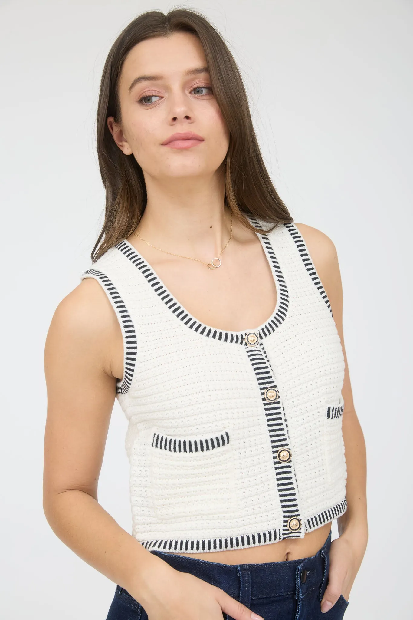 STRIPE TRIM GOLD BUTTON CROPPED SWEATER VEST
