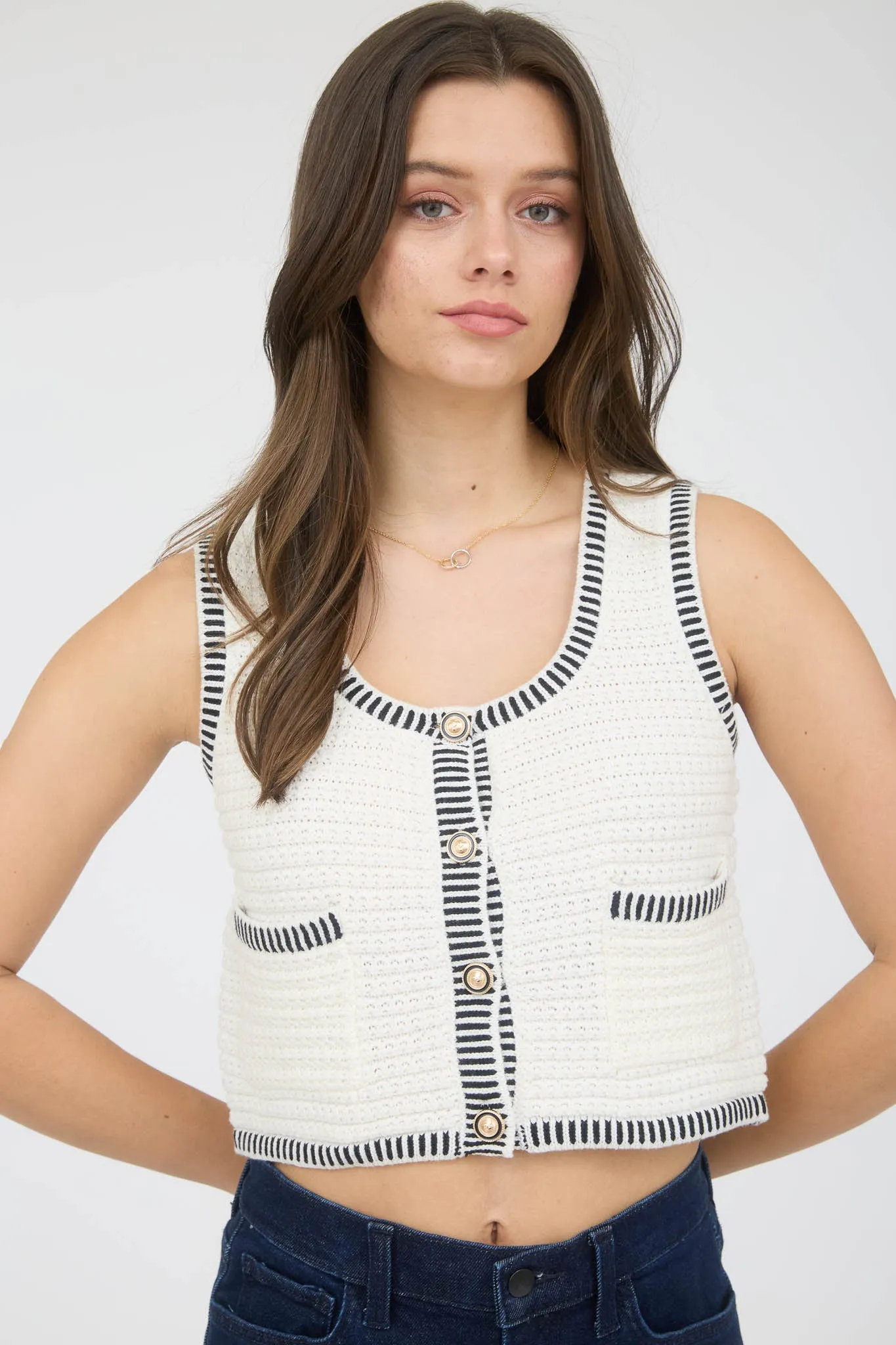 STRIPE TRIM GOLD BUTTON CROPPED SWEATER VEST