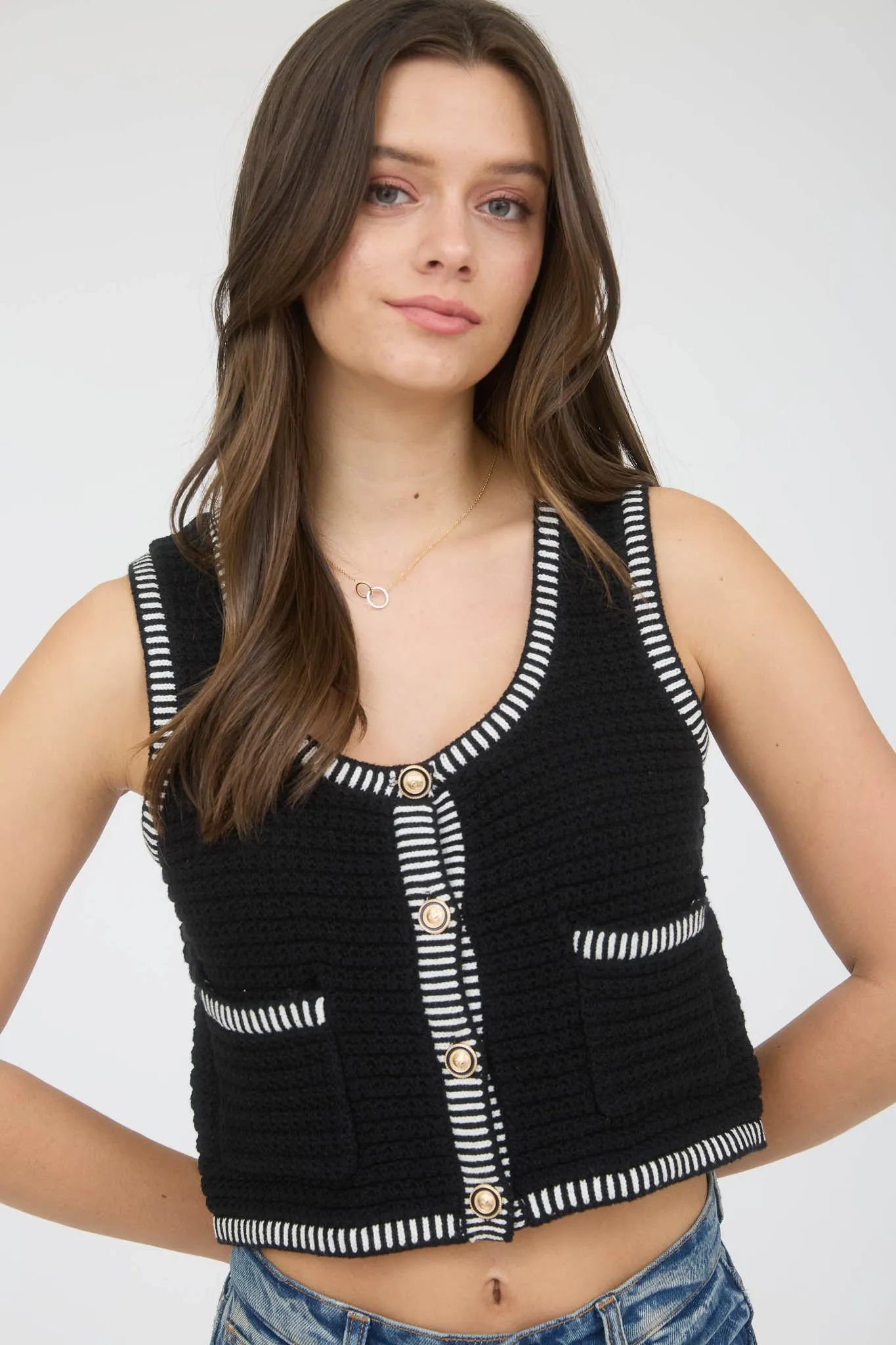 STRIPE TRIM GOLD BUTTON CROPPED SWEATER VEST