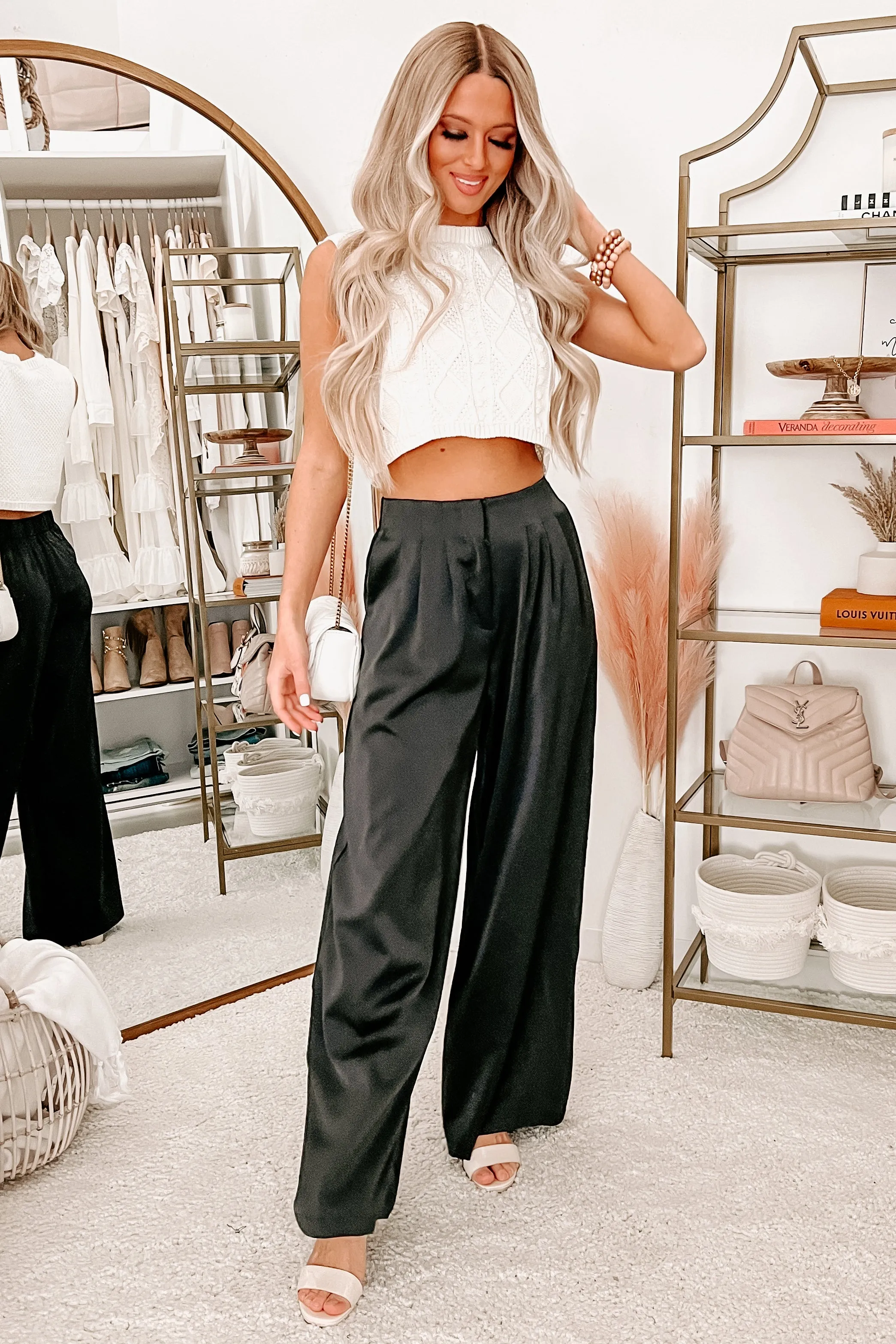 Stuck In Meetings High Rise Pleated Wide Leg Pant (Black)