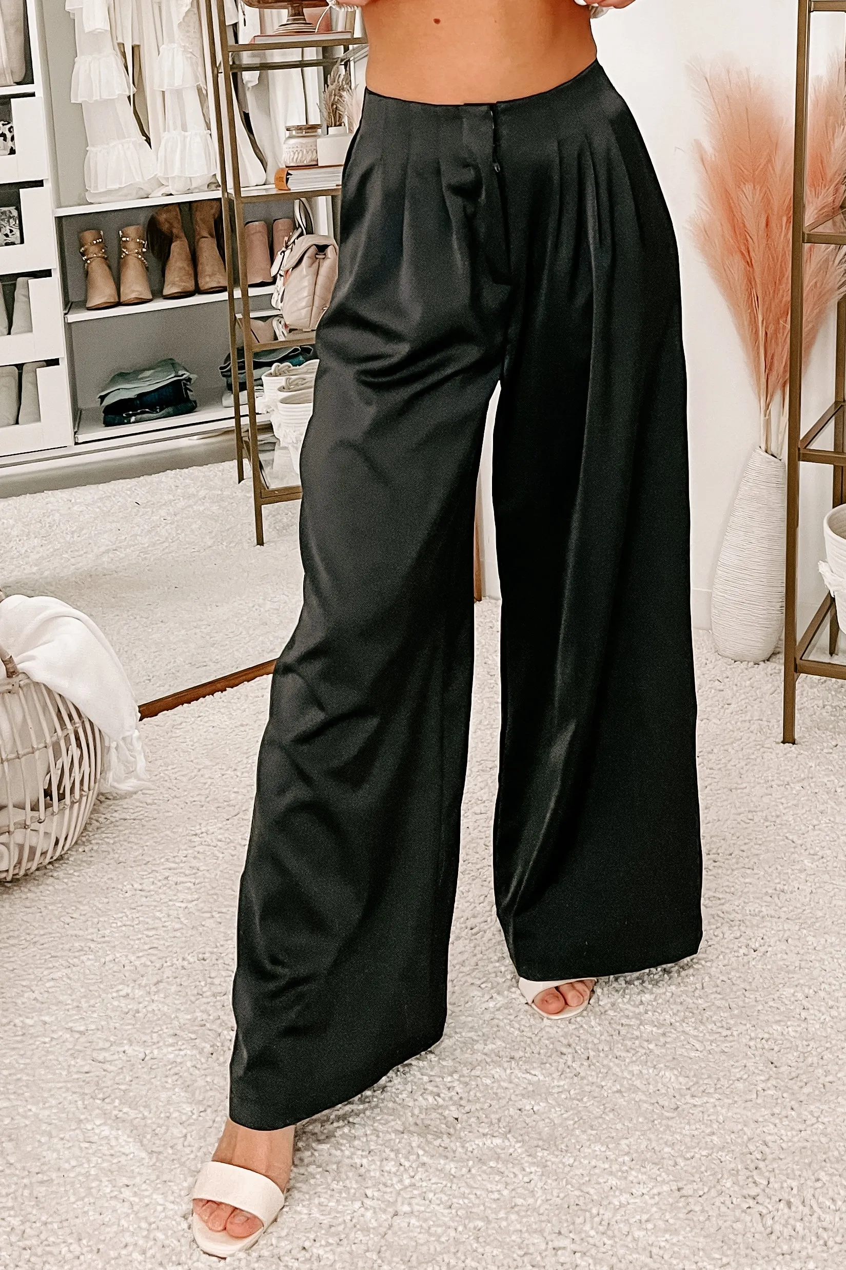 Stuck In Meetings High Rise Pleated Wide Leg Pant (Black)
