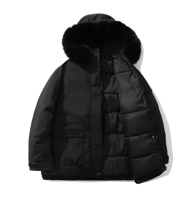 Stylish Hooded Parka for Women with Solid Design and Faux Fur Collar