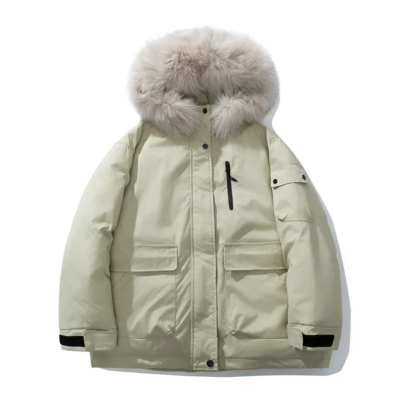 Stylish Hooded Parka for Women with Solid Design and Faux Fur Collar