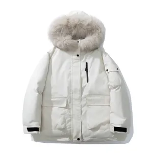 Stylish Hooded Parka for Women with Solid Design and Faux Fur Collar