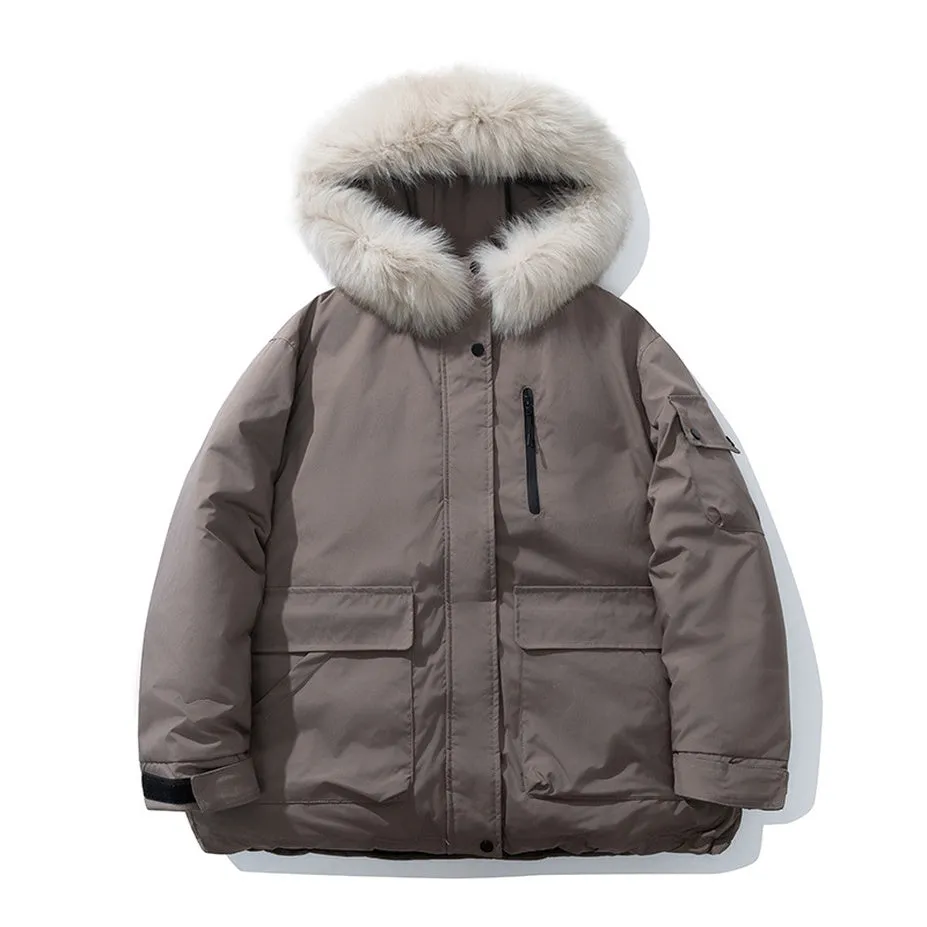 Stylish Hooded Parka for Women with Solid Design and Faux Fur Collar