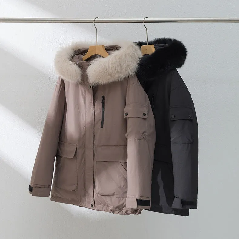 Stylish Hooded Parka for Women with Solid Design and Faux Fur Collar