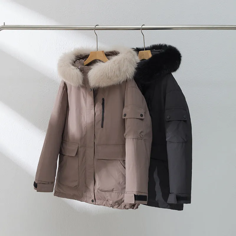 Stylish Hooded Parka for Women with Solid Design and Faux Fur Collar