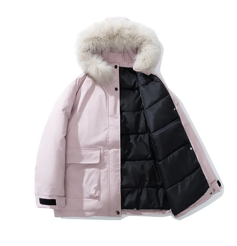 Stylish Hooded Parka for Women with Solid Design and Faux Fur Collar