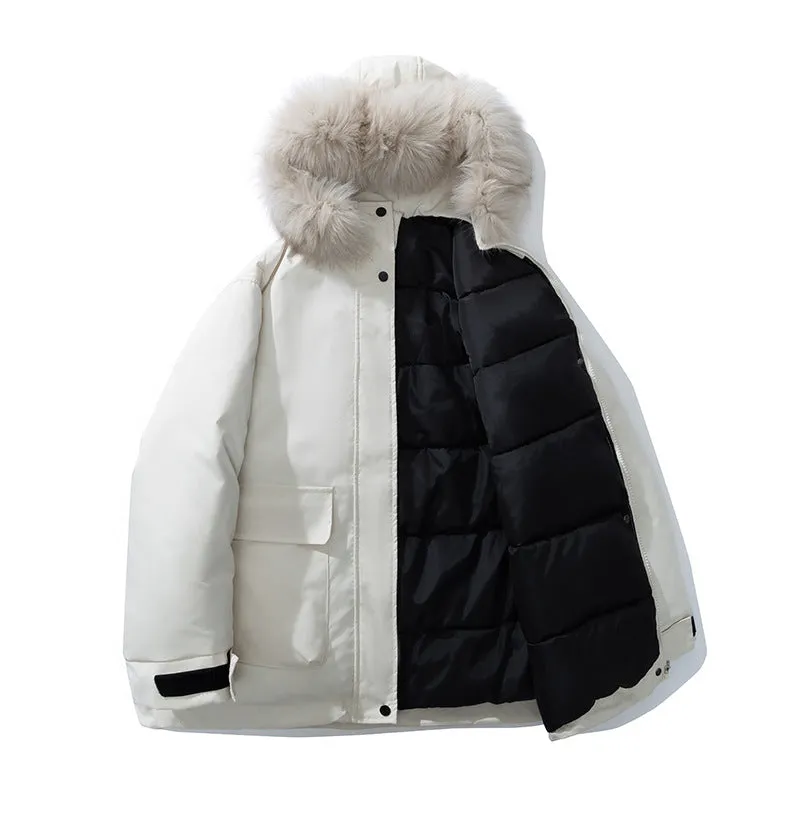 Stylish Hooded Parka for Women with Solid Design and Faux Fur Collar