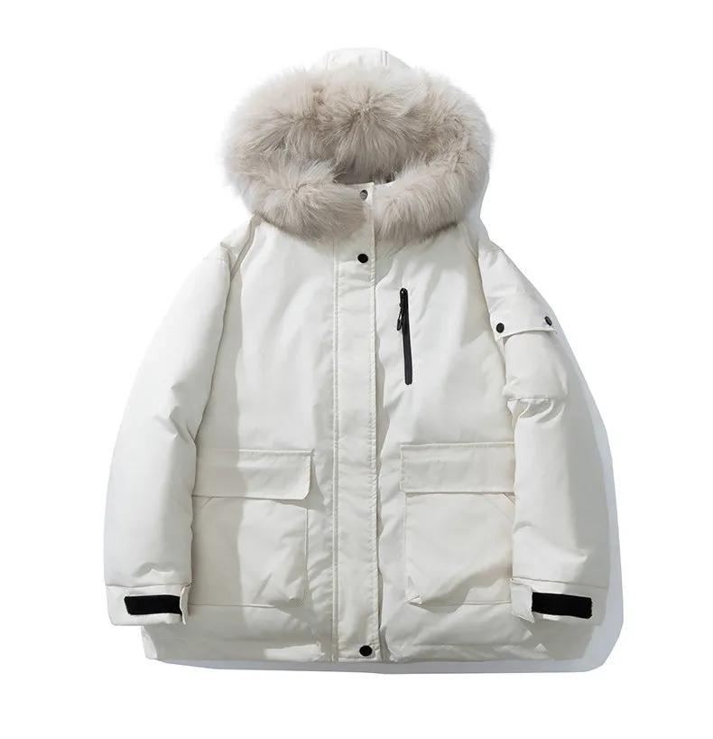 Stylish Hooded Parka for Women with Solid Design and Faux Fur Collar