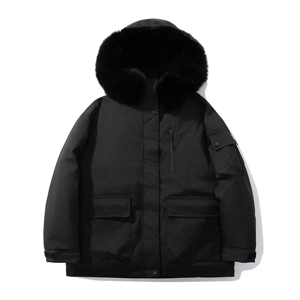 Stylish Hooded Parka for Women with Solid Design and Faux Fur Collar