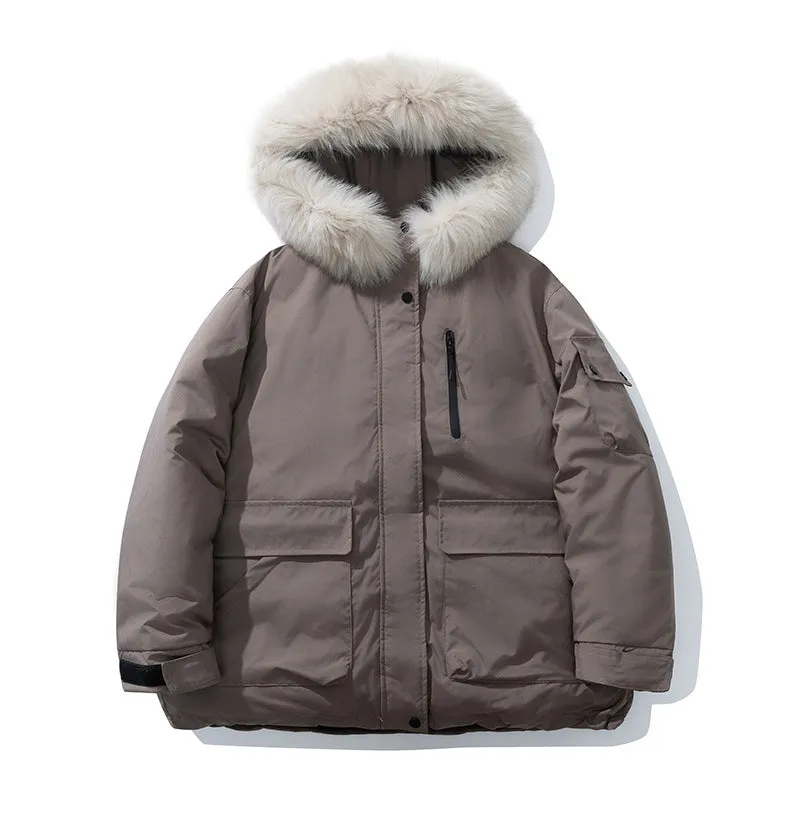 Stylish Hooded Parka for Women with Solid Design and Faux Fur Collar