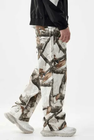 Stylish Tree Print Straight-Leg Denim Pants - Casual Wide-Leg Design for Men