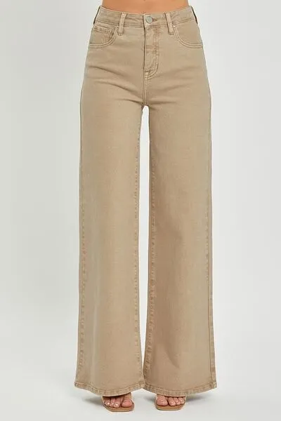 Tan Tummy Control High Rise Wide Leg Jeans