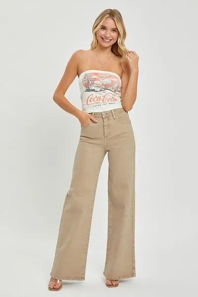 Tan Tummy Control High Rise Wide Leg Jeans
