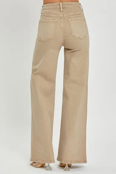 Tan Tummy Control High Rise Wide Leg Jeans
