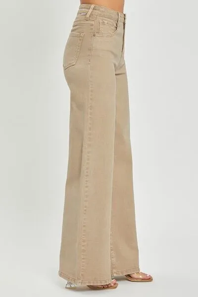 Tan Tummy Control High Rise Wide Leg Jeans
