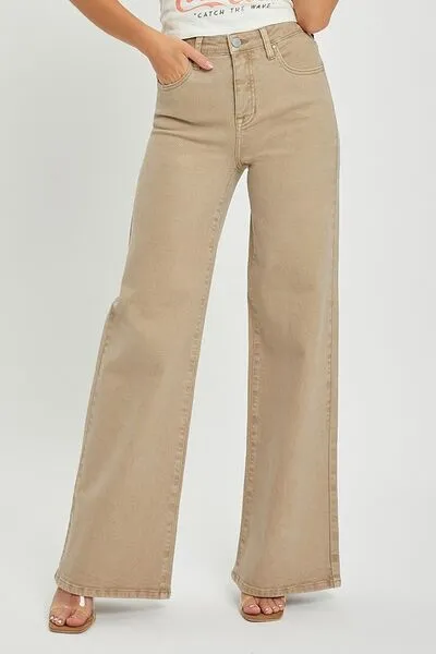 Tan Tummy Control High Rise Wide Leg Jeans