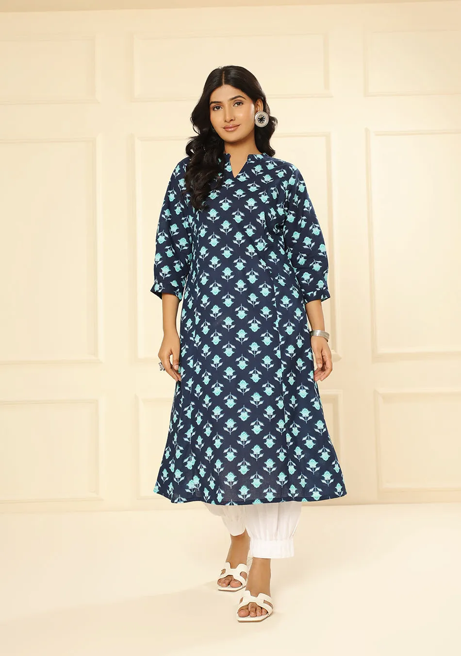 Teal Flower A-Line Kurta
