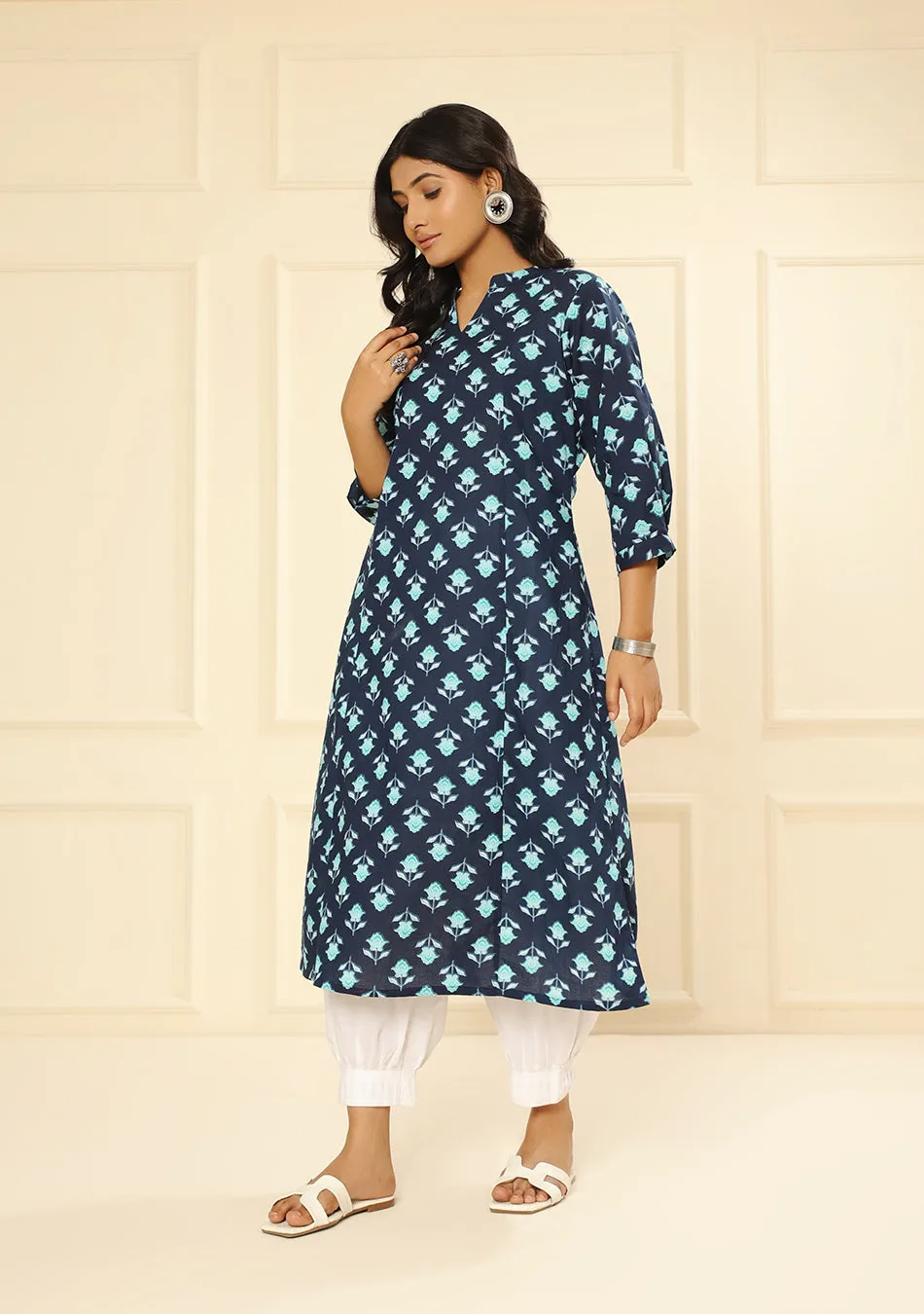 Teal Flower A-Line Kurta