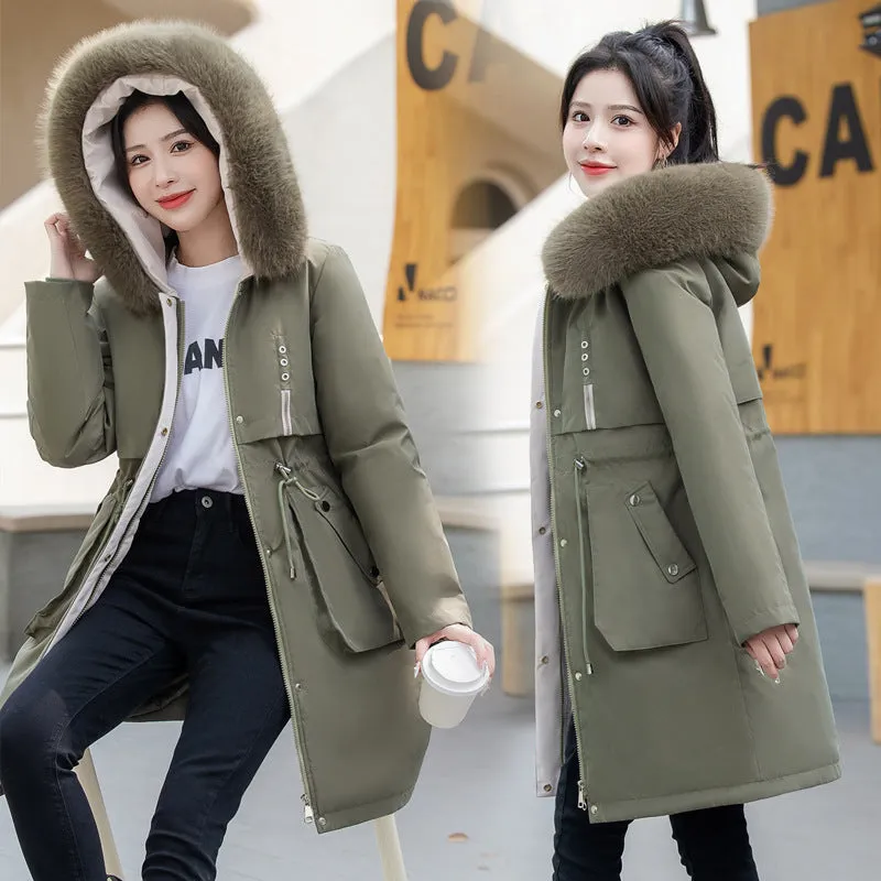 Thickened Windproof Parka with Detachable Faux Fur Collar for Women