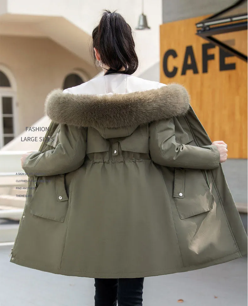 Thickened Windproof Parka with Detachable Faux Fur Collar for Women