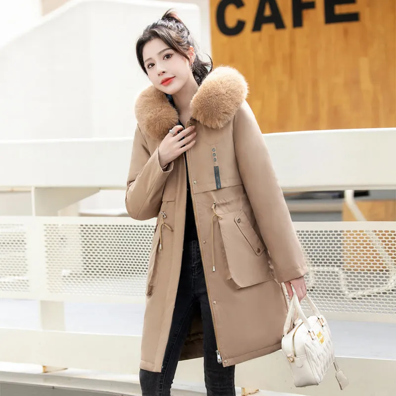 Thickened Windproof Parka with Detachable Faux Fur Collar for Women