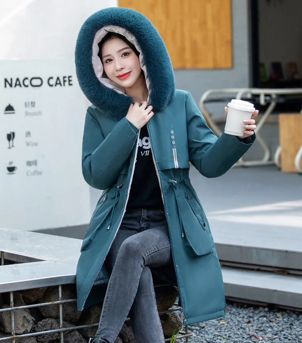 Thickened Windproof Parka with Detachable Faux Fur Collar for Women